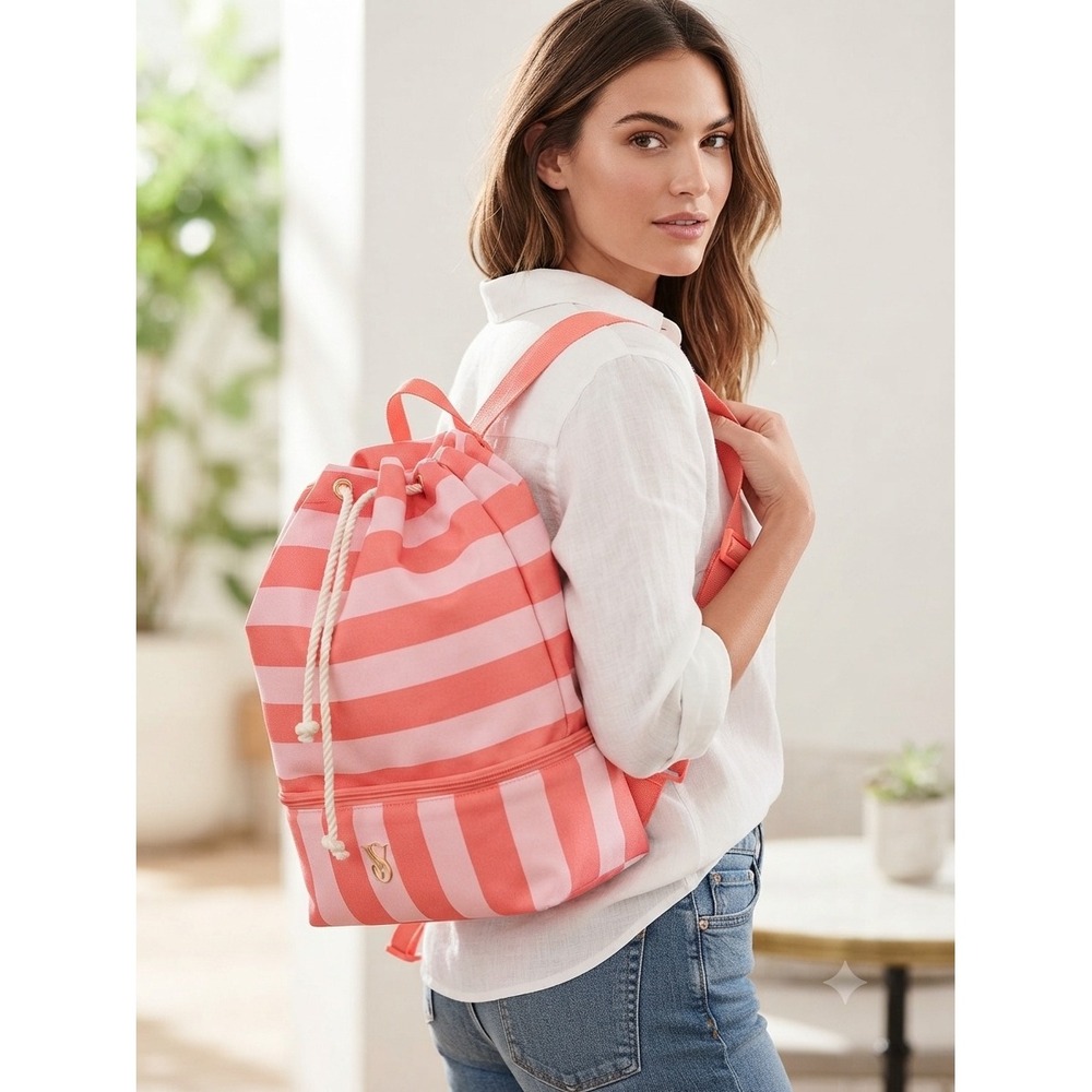 Victorias Secret Pink Striped Drawstring Backpack Cooler Bag Canvas Beach Tote